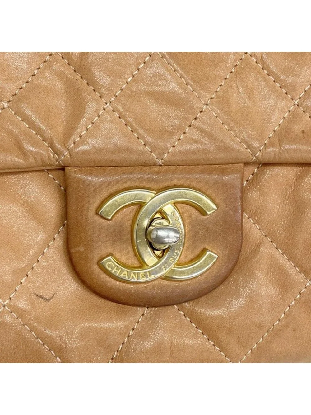 Chanel Shoulder Bag Quilted Leather Orange Gold